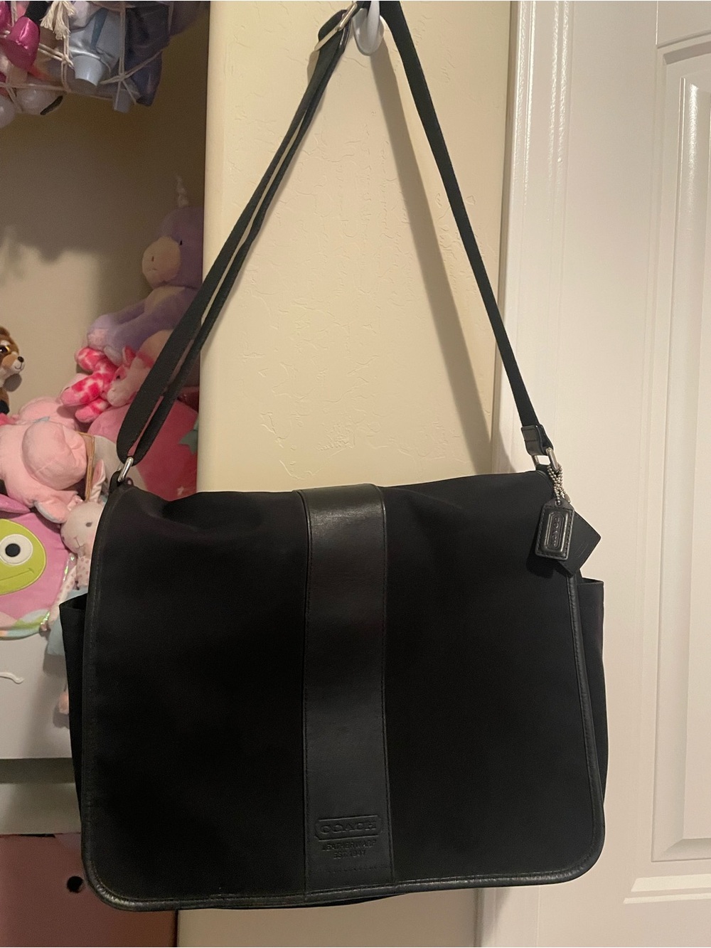 Coach Black Messenger Bag with Leather Center Stripe